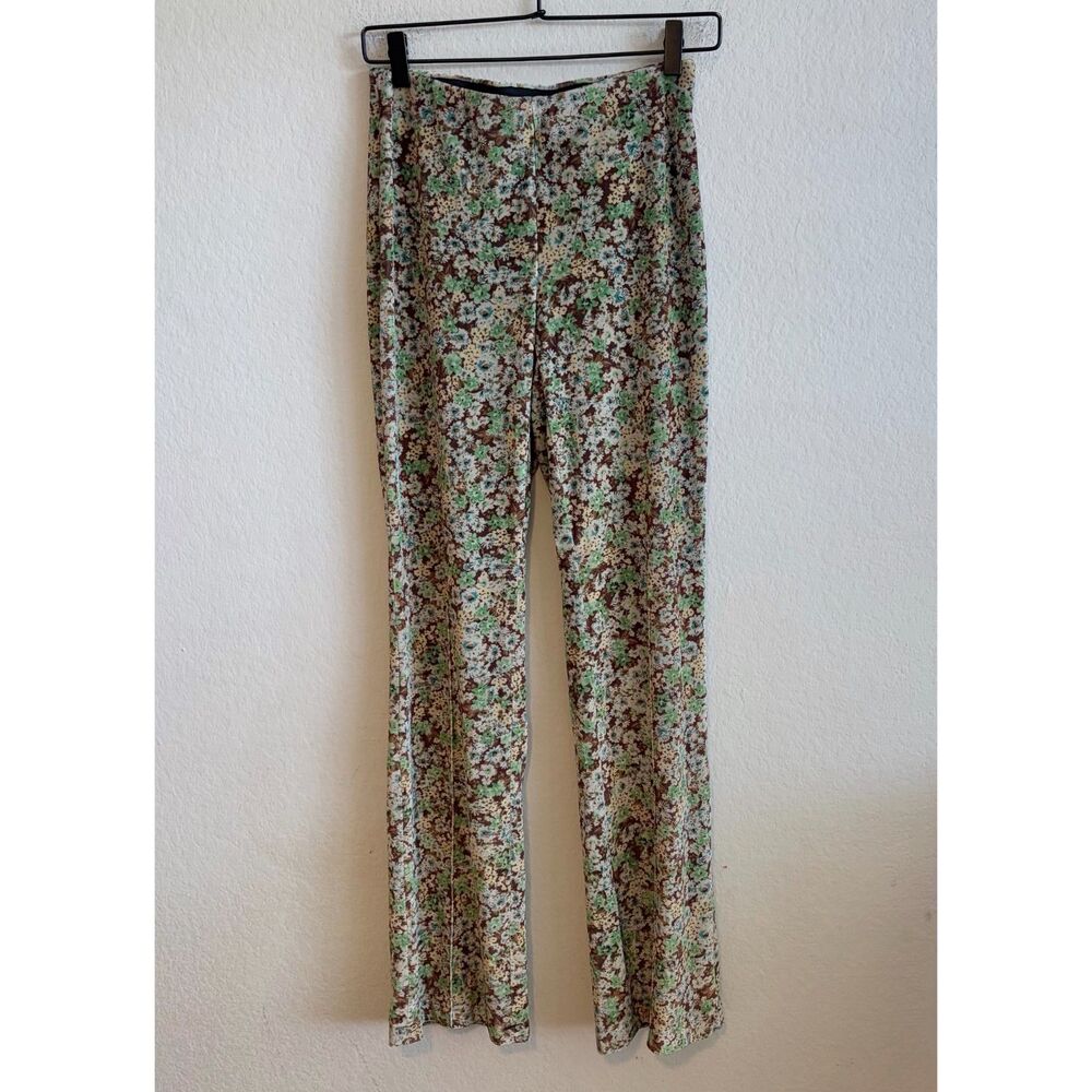 ZARA Green Brown Velvet Floral Print Retro Flare Mid Rise Pants Womens Small